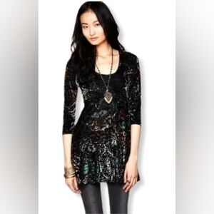 Free People Dress Black Semi Sheer Velvet Print Babydoll Style 3/4 Sleev…
